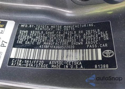 2016 Toyota Camry Se из США, поврежденный, VIN 4T1BF1FK0GU522020